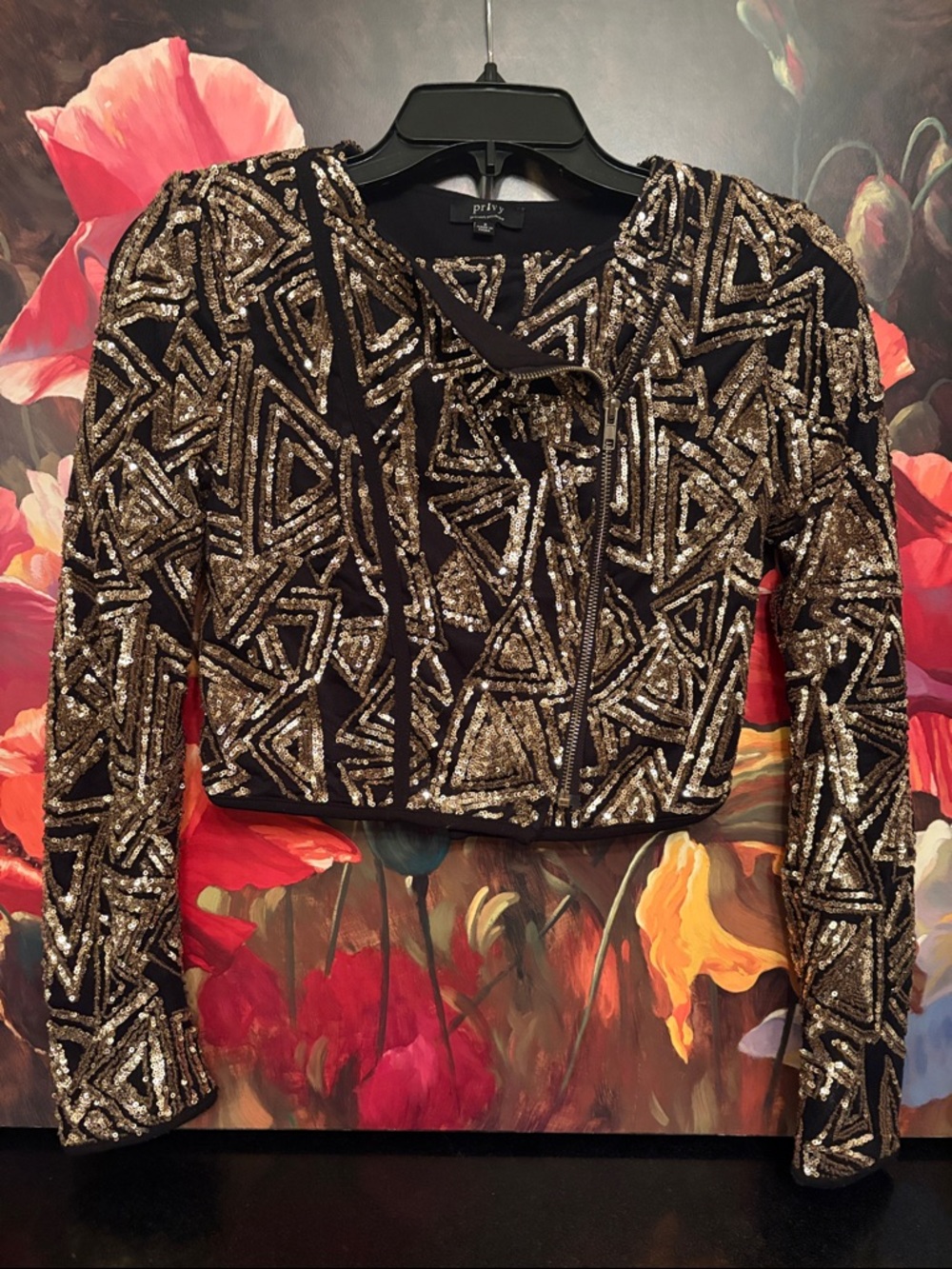 NWOT privy Black and Gold Sequin Geometric Crop Jacket